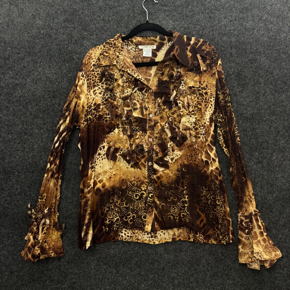 Notations Vintage 90s Animal Print Ruffle Blouse Gold Metallic XL MCPB0019